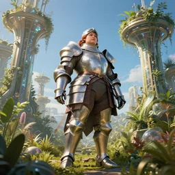 a chubby female knight veteran in a hi-tech botanical world with blue skies | style of anzka nguyen, vincent callebaut, dramatic light | high detail | cinematic lighting | pristine metals, glass, plants | solarpunk | golden hour | volumetric lighting | wide body | concept art |