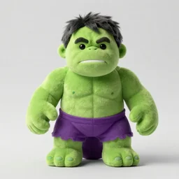 an illustration of the hulk from the avengers as a soft plush toy designed by jack kirby. his eyes are crazy and he wears ragged purple shorts. studio lighting, 5 0 mm f / 2 2 0 0 iso, colorful background, digital art
