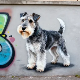 a spraypainted graffiti art of a wire haired fox terrier on a wall in the city