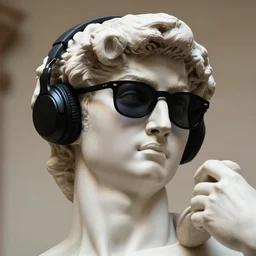 a photo of michelangelo sculpture of david wearing headphone and sunglasses. face only. photorealistic. high quality. high fidelity