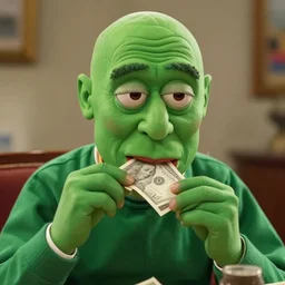 pepe eating money, realistic, frame from the movie