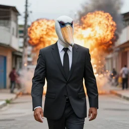 photo of a man in a suit wearing a latex mask of a shoebill stork, at a favela, walking away from explosion, dramatic lighting