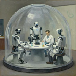 robotic scientists in a dome - shaped control center, grant wood, pj crook, edward hopper, oil on canvas