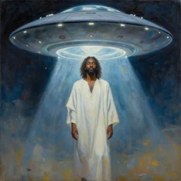 an African Jesus under a UFO, painting by Hsiao-Ron Cheng,