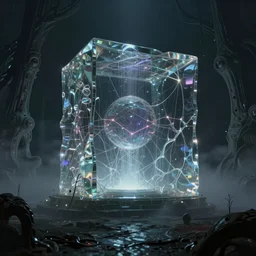 sci - fi environment set in a nightmarish universe of odd forms and somber tapestry hr giger wadim kashin in peter elson color schi, 8 k resolution, trending on artstation : 5, fog : - 4 translucent glass sculpture encasing refracted interdimensional portal, fiber optic network, tesseract, twilight, by thomas hafner, charles o. perry