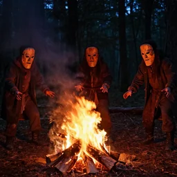 forest hermits wearing scary wooden masks preparing a ritual around a wildly lit campfire in an ominous forest at night, photography