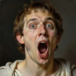 portrait of ancient greek idiot yawning with big eyes and sharp nose. fine detail. artistic painting by lurid