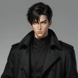 a highly detailed illustration of young attractive japanese guy wearing black detective coat, yellow eyes, dramatic standing pose, hyperdetailed perfect face, perfect eyes, intricate, elegant, highly detailed, centered, digital painting, artstation, concept art, smooth, sharp focus, league of legends concept art, wlop.