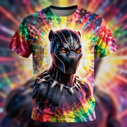 a t shirt all over print, portrait of black panther, trippy background, neon glow, red yellow and green tie dye colors, one piece art style, cartoon, anime, digital art