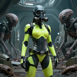 big budget scifi movie set in postapocalyptic world with alien brainsuckers sexy female cyborg in fluorescent rubber and gas mask in ruins of military base