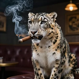 Snow leopard smoking a cigar in the club, award winning photo