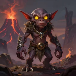 “a highly detailed goblin with dark skin and yellow eyes that glow, Like magic the gathering, goblin chainwalker, with a volcano in the background, digital art, by Christopher rush” n-9