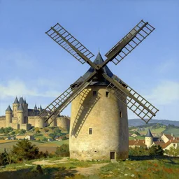 very long shot of a windmill, medieval french landscape, carcassonne, city of carcassonne in the background, by stanley artgerm lau, wlop, rossdraws, frank frazetta, andrei riabovitchev, marc simonetti, tranding on artstation