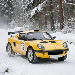 a 1 9 5 6 lotus eleven, racing through a rally stage in a snowy forest