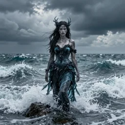 a sea witch on a rough ocean with turbulent skies, photorealistic, by wlop, 4 k resolution