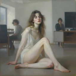 a portrait of beautiful woman sitting in the floor, inside a modern apartment, detailed oil painting, misty, ethereal, dramatic lighting, 8 k, by jeremy mann and ruan jia and alphonse mucha