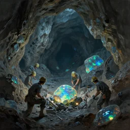 digital painting of workers mining, for black opal in a large cavern, ethereal, shining rocks, trending on artstation, 4k, hd