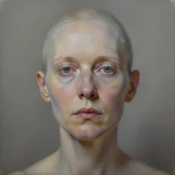 a close up portrait a very ordinary underweight middle - aged woman with an blank expression, by joel peter witkin and sarah moon, very pale translucent skin, very blurry, foggy, oil painting, photorealistic, anatomically correct, beautiful perfect face, visible brushstrokes, sharp focus, highly detailed, cinematic lighting, 8 k, hd
