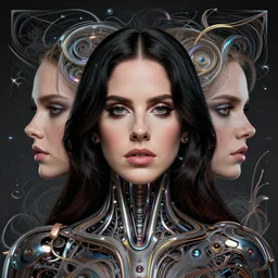 portrait of lana del rey as a cyborg. intricate abstract. intricate artwork. by tooth wu, wlop, beeple, dan mumford. octane render, trending on artstation, greg rutkowski very coherent symmetrical artwork. cinematic, hyper realism, high detail, octane render, 8 k, iridescent accents