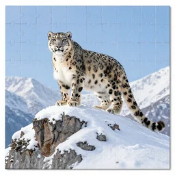 a snow leopard standing on top of a snow covered mountain, a jigsaw puzzle by peter snow, shutterstock contest winner, naturalism, sense of awe, national geographic photo, majestic