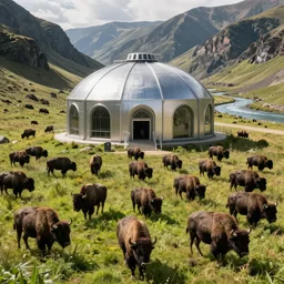 a sci - fi containment building with a herd of bison in a grassy valley with a river, national geographic, hyper realistic, 4 k, harsh light, majestic, wide shot, a sense of hope