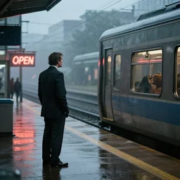 A cow man in a suit standing on the train platform in the rain. His train is three hours late and he is wondering what is happening. Across the street he sees the soft glow of an open sign on a diner through the rain and feels melancholy.