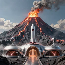 Highly realistic arch-viz render for an ultra-modern Bond villain lair with rockets and laser turrets built into an active volcano