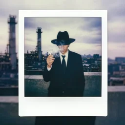 mysterious man in suit and hat wrapped in cigarette smoke, in a big industrial city metropoli with a cloudy sky, polaroid artistic photo