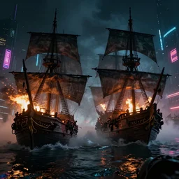 pirate ships at war at night, smoke, mist, fire, chaos, photo realistic, 8k, artstation, Blade runner, neon lights, neon signs in the distance, dark, cinematic, high contrast, epic