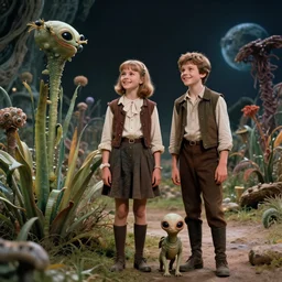 detailed, sharp, a girl and a boy standing next to some strange wild alien plants, looking happy, wearing 2140s era clothes, their small pet tiny alien creature is standing nearby, in a park on a strange alien planet, extremely highly detailed, in focus faces, 70mm still from a classic period sci fi color blockbuster movie, 4k, 35mm macro lens, high quality lighting, sharp focus