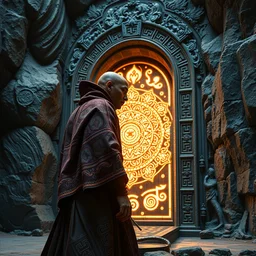 a futuristic monk wearing ornate robes embroidered with an infinitely complex mandala, character concept + full body : : 5 a weathered magical door with glowing runes carved into a granite cliff face, intricate detail, hyper realistic, low angle : : 3 symmetrical, epic scale : : 2 cinematic, color grading, f / 2. 8, 8 k, ultra - hd, amoled, ray