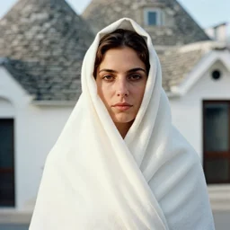 closeup portrait of a woman wrapped in casement cloth, standing in alberobello italy, color photograph, by john currin, canon eos c 3 0 0, ƒ 1. 8, 3 5 mm, 8 k, medium - format print