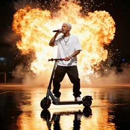 scooter rapper baxxter with white hair standing in water shouting in the microphone with explosion and flames in background, full body, white shirt, black pants, reflection in water, volumetric lighting, golden ratio