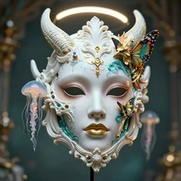 biomechanical mask of a demon by Roberto Ferri. beautiful princess face. vintage bulb. white plastic. baroque elements, human skull, jellyfish, butterfly, phoenix head. burning water. intricate artwork by Tooth Wu and wlop and beeple and dan mumford and greg rutkowski and nekroxiii. halo. octane render, cinematic, hyper realism, octane render, 8k, depth of field, bokeh. iridescent accents. vibrant. teal and gold and white colour scheme