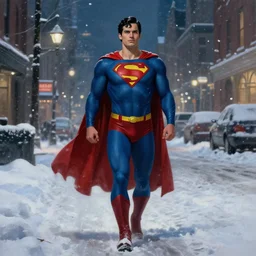 Superman walking in a snowy town at night, realistic painting, high definition, digital art, matte painting, very detailed, realistic