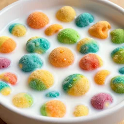 bowl of fruit loops in milk, high realism, high contrast, bump map, crunchy, glossy, high detail, stylized, pixar, substance painter, octane render