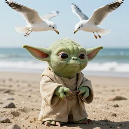 sad real life Yoda on a beach, seagulls pecking Yoda head