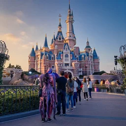 distant shot of eldritch horror waiting in line at disneyland, hdr, high resolution photo