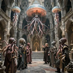 group of human mages with octopus heads arguing with prehistoric jellyfish medusa colossal head in an ancient mage castle hall enormous scale, gothic and baroque, brutalist architecture, ultradetailed, Intricate by James Jean and Josan Gonzalez and John Howe and Giuseppe Arcimboldo