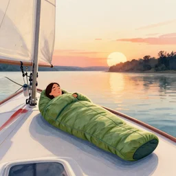 woman in sleeping bag sitting on a yacht with sails on the lake at sunset highly detailed 2 d illustration in matte colors, watercolor painting