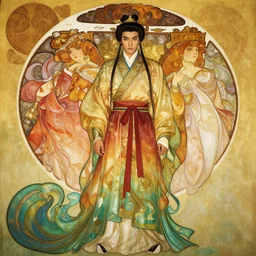 wide angle full body portrait shot of a handsome china prince wearing flowing colourful clothes, highly detailed face, detailed eyes, alphonse mucha, rhads, ross tran, artstation, artgerm, octane render, 1 6 k