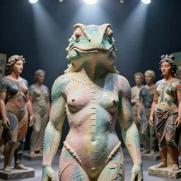humanoid wearing a lizard mask. pastel colors. sculpture by annie swynnerton and elihu vedder and diego rivera and lucien freud and jean delville, symbolist, dramatic lighting, god rays, art brut, sharp focus, extremely detailed, adolf wolfli, leo and diane dillon, nicholas roerich, john bauer