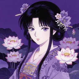 stencil, anime, traditional Japanese, beautiful portrait of a girl surrounded by flowers, half of her body in a lotus pond,by artgerm, digital art, purple color scheme