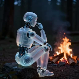 translucent robot sitting by a campfire in the woods at night, back turned, award winning photograph, sigma 8 5 mm f / 8, hyperrealistic, somber, contemplative, moody