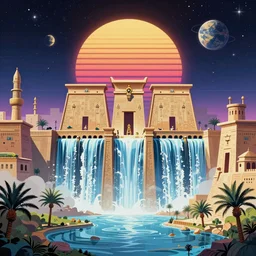 ancient egypt cityscape in the space with waterfalls, retrowave epic art, trending on art station