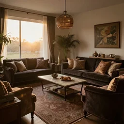 sunrise 3 5 mm warm photo of a tastefully decorated bohemian living room with dark luxurious furnishings and a mix of antique and modern furniture