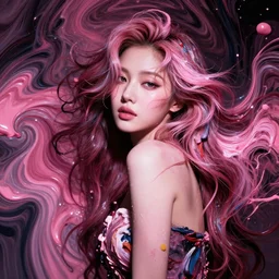 a portrait of a very beautiful kpop goddess, seductive look, with hair radiating swirling paint and impasto by botticelli and caravaggio, background is volumetric displacement, paint swirls, hyperreal, dark, dramatic lighting, analogous complementary pink scheme