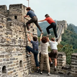 refugees climbing over the great wall of mac n' cheese. 1980s sci-fi film. n- 9