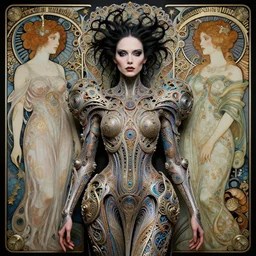 bjork as a cyber creature from a parallel universe by alexander mcqueen, zdzisław beksinski and alphonse mucha. highly detailed, hyper - real, very beautiful, intricate fractal details, very complex, opulent, epic, mysterious, trending on deviantart and artstation, award - winning design
