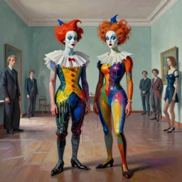 portrait of two morphed harlequins in a large room by and james jean and luc tuymans and vincent lefevre and hernan bas and pat steir and hilma af klint, digital paint, glitch, psychological, dripping paint, 8 k high quality render, altermodern, masterpiece